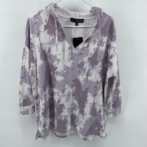 Fred David Shirt Womens Large Purple Tie Dye V Neck Hooded 3/4 Sleeve Tunic Top
